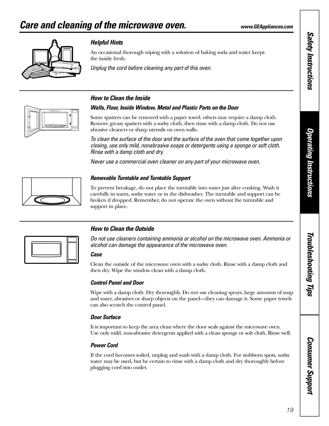 GE JE2160 Care and cleaning of the microwave oven, Helpful Hints, How to Clean the Inside, How to Clean the Outside 