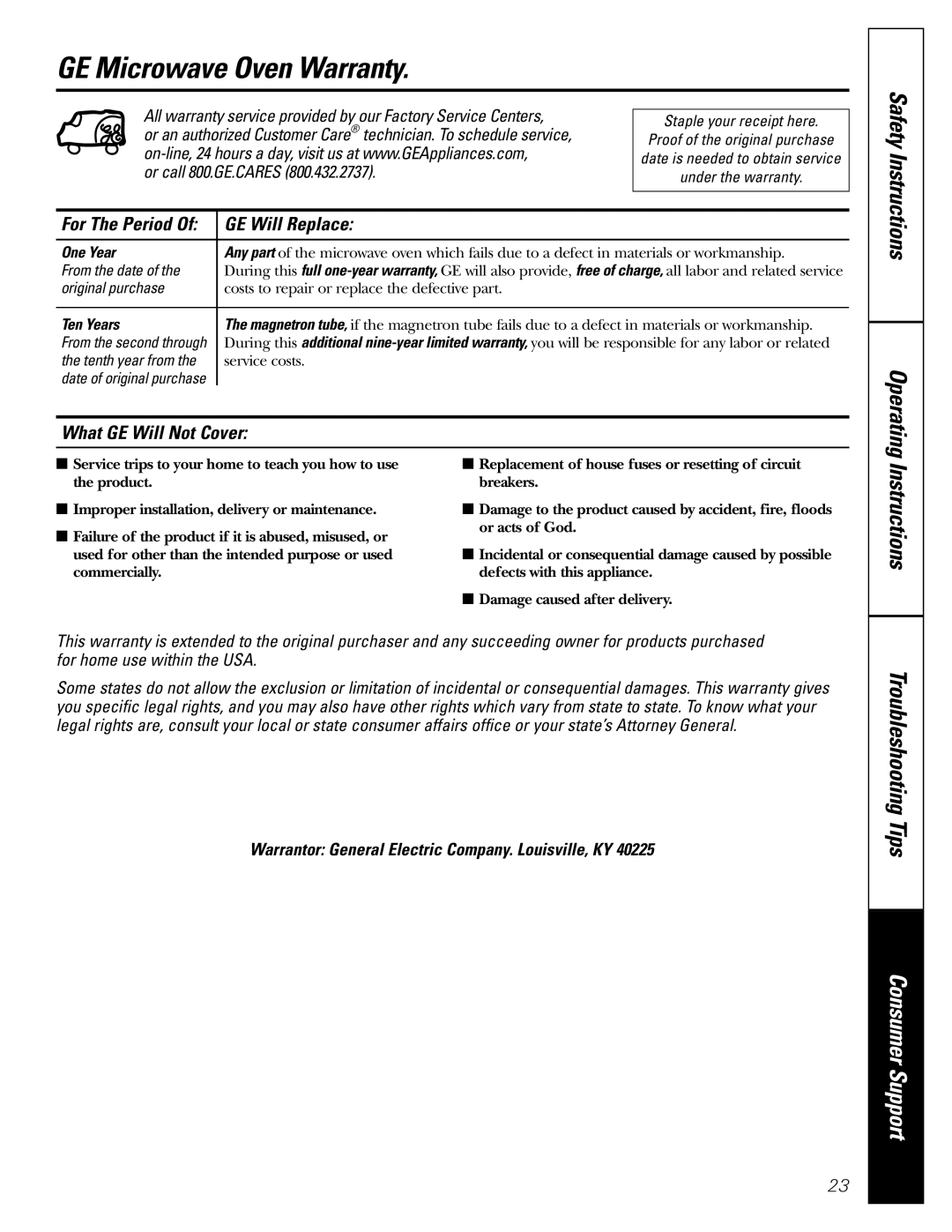 GE JE2160 owner manual GE Microwave Oven Warranty, GE Will Replace, What GE Will Not Cover, Operating 