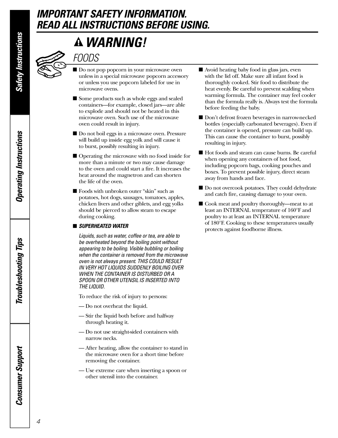 GE JE2160 owner manual Foods, Superheated Water 