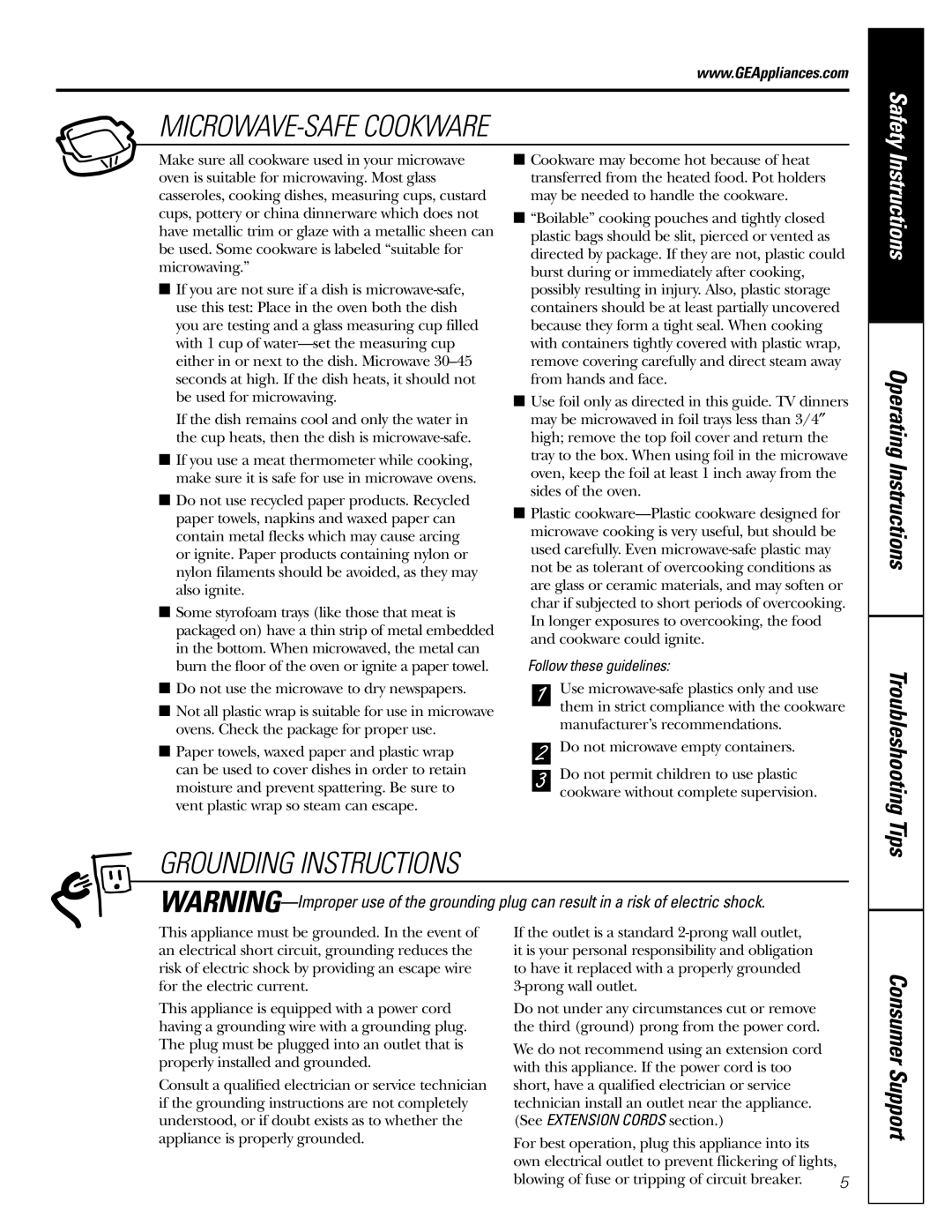 GE JE2160 owner manual MICROWAVE-SAFE Cookware, Grounding Instructions, Troubleshooting Tips, Follow these guidelines 