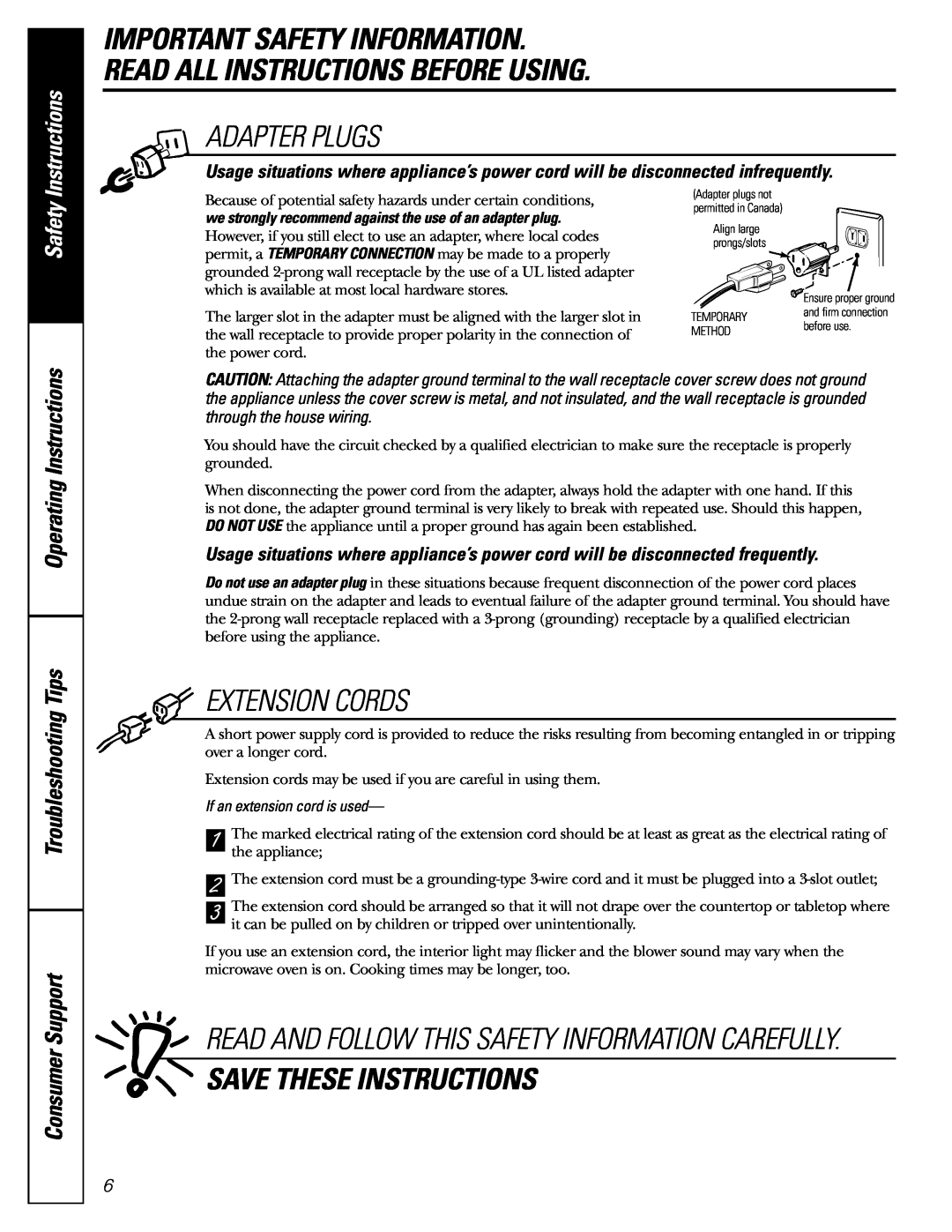 GE JE2160 owner manual Important Safety Information Read All Instructions Before Using, Adapter Plugs, Extension Cords 