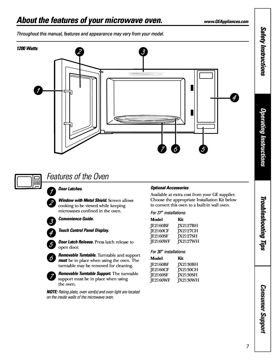 GE JE2160 About the features of your microwave oven, Features of the Oven, Safety Instructions, Operating Instructions 