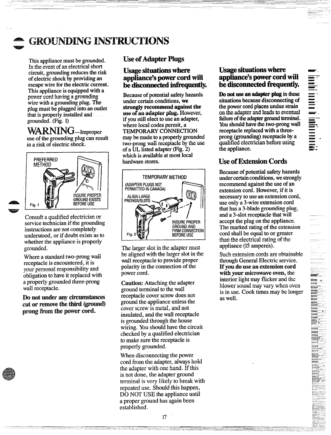 GE JE42, JE40 manual UseofklapterPlugs, Usage situationswhere, Appliance’spowercordwil~, Bedisconnectedinfkequently~ÿ 