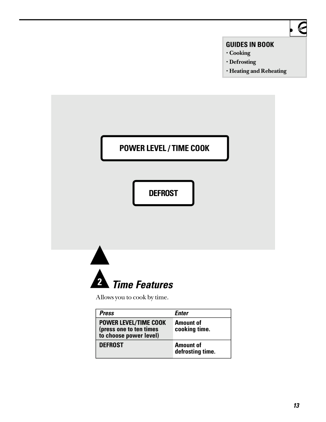 GE JE510, JE520 warranty Press Enter, Amount, Press one to ten times Cooking time To choose power level, Defrosting time 