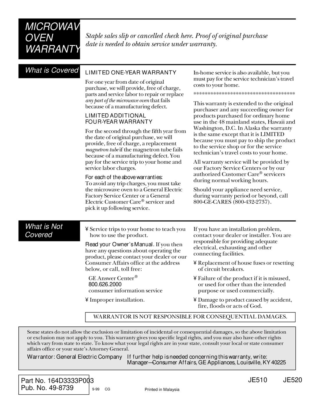 GE JE520, JE510 warranty Microwave Oven Warranty, What is Not Covered 