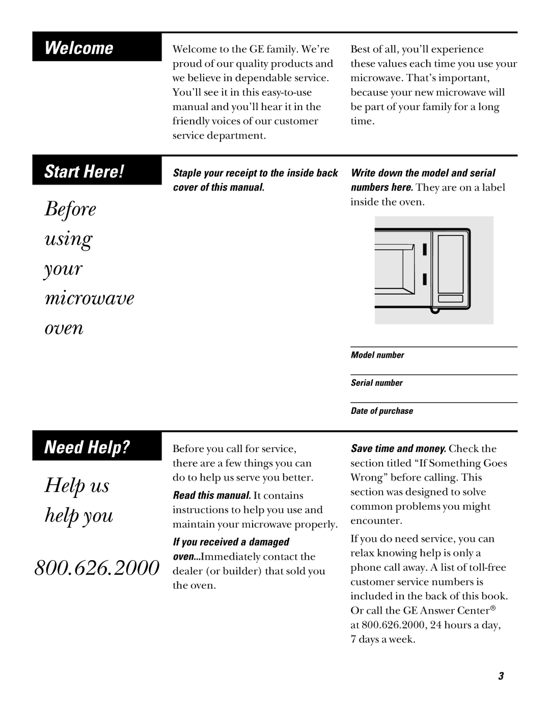 GE JE510, JE520 Before using your microwave oven, 800.626.2000, Write down the model and serial, Cover of this manual 