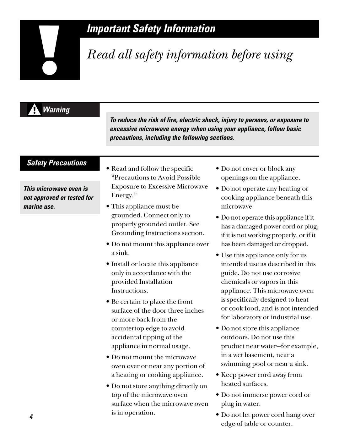 GE JE520, JE510 warranty Safety Precautions, This microwave oven is not approved or tested for marine use 