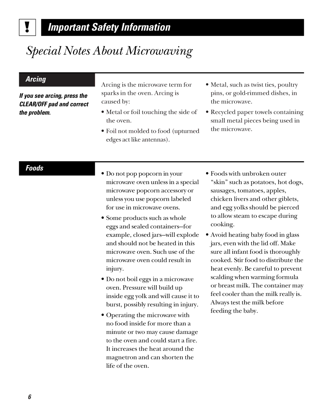 GE JE520, JE510 warranty Special Notes About Microwaving, Arcing, Foods 