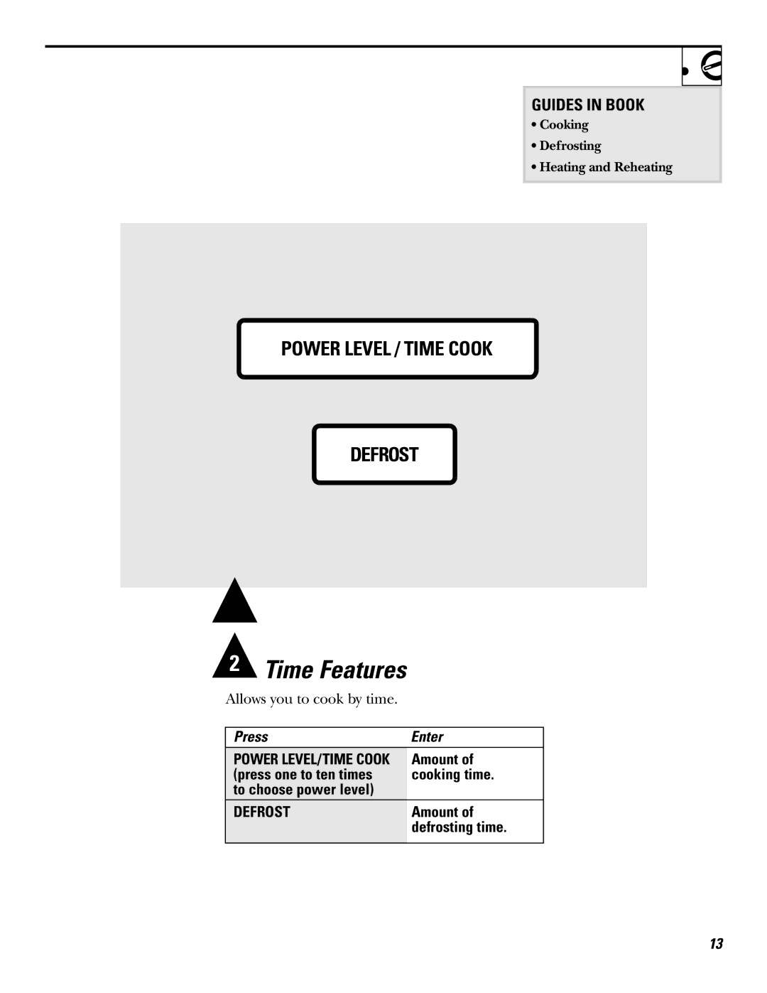 GE JE620, JE610 Press Enter, Amount, Press one to ten times Cooking time To choose power level, Defrosting time 