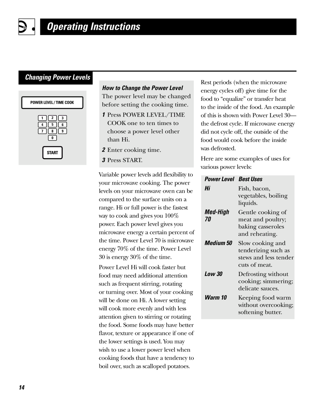 GE JE610, JE620 operating instructions Changing Power Levels, How to Change the Power Level, Best Uses 