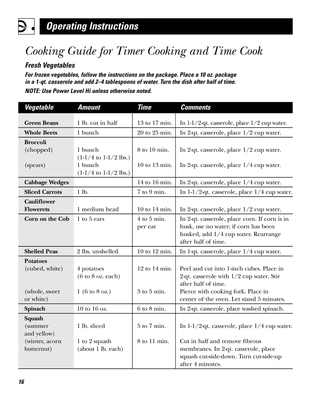 GE JE610, JE620 operating instructions Cooking Guide for Timer Cooking and Time Cook, Vegetable Amount Time Comments 