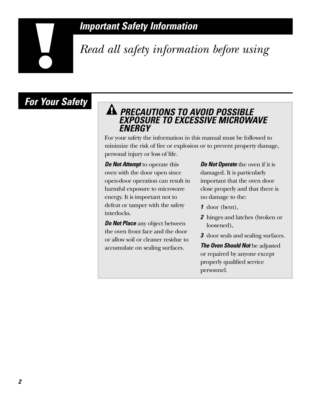 GE JE610, JE620 operating instructions Read all safety information before using, For Your Safety 