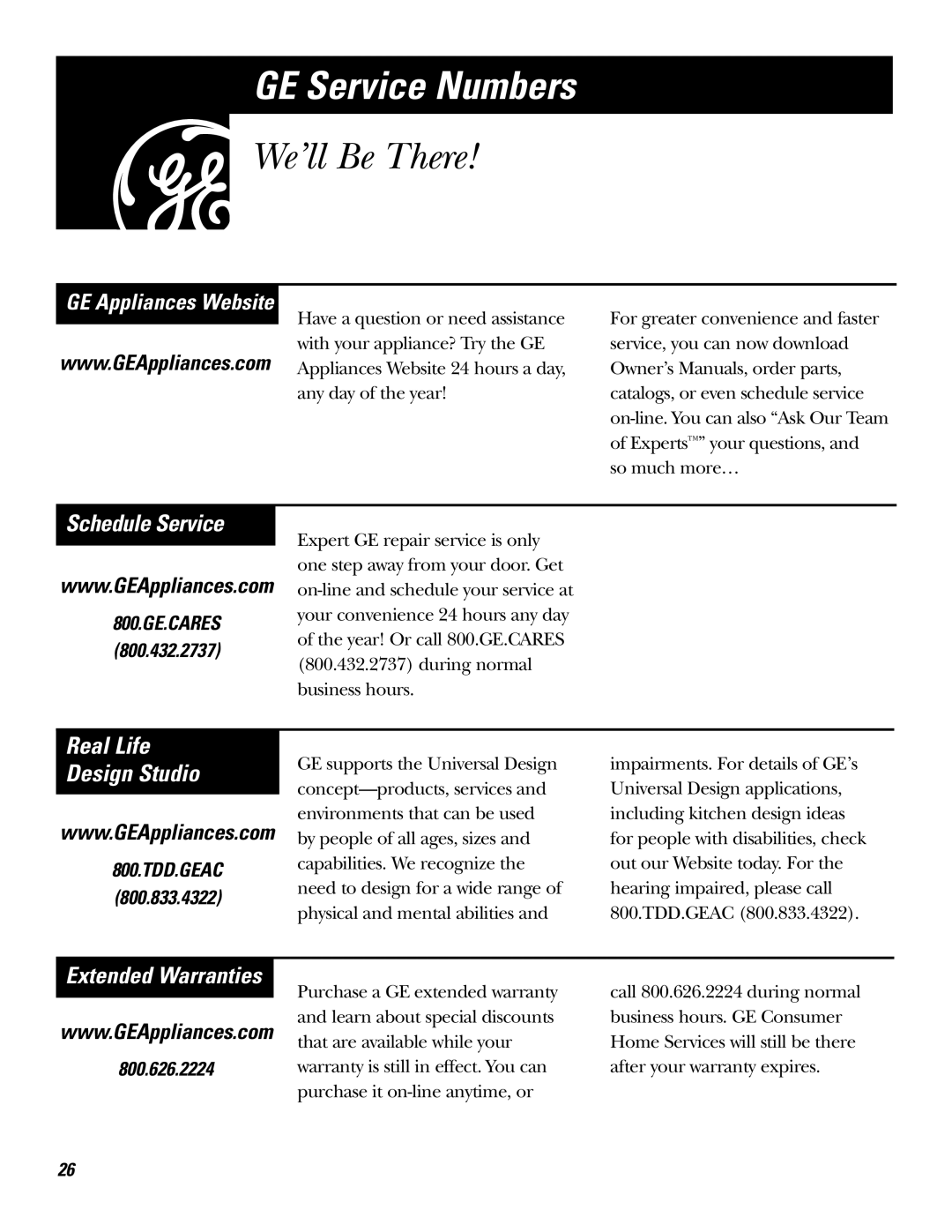 GE JE610, JE620 operating instructions GE Service Numbers, GE Appliances Website 