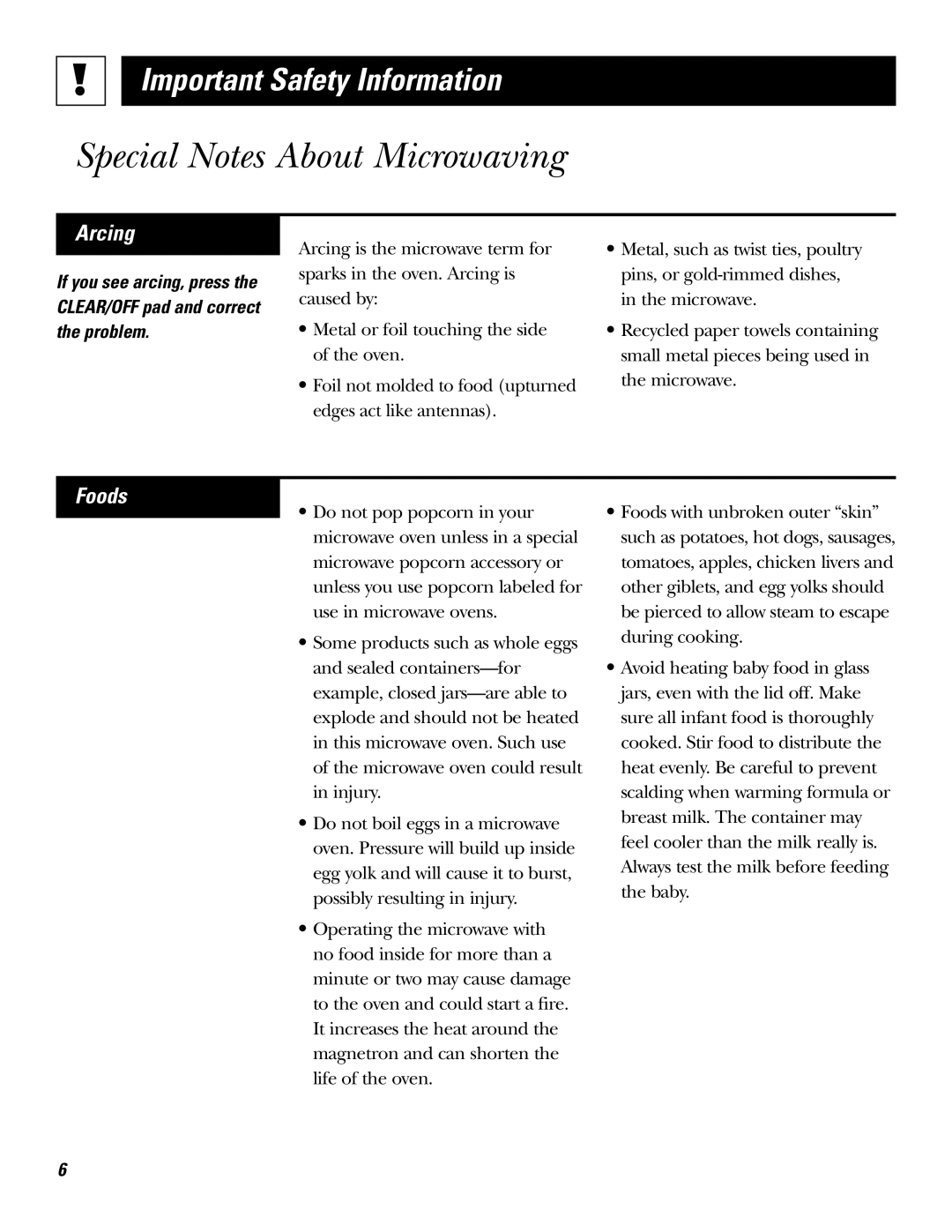 GE JE610, JE620 operating instructions Special Notes About Microwaving, Arcing, Foods 