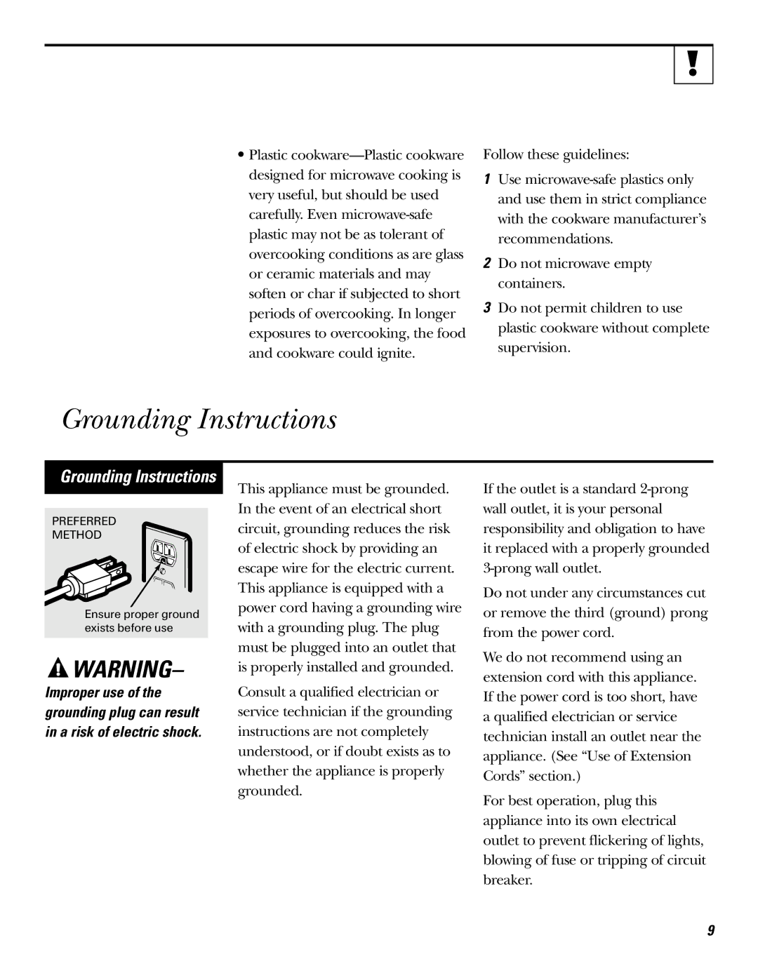 GE JE620, JE610 operating instructions Grounding Instructions 