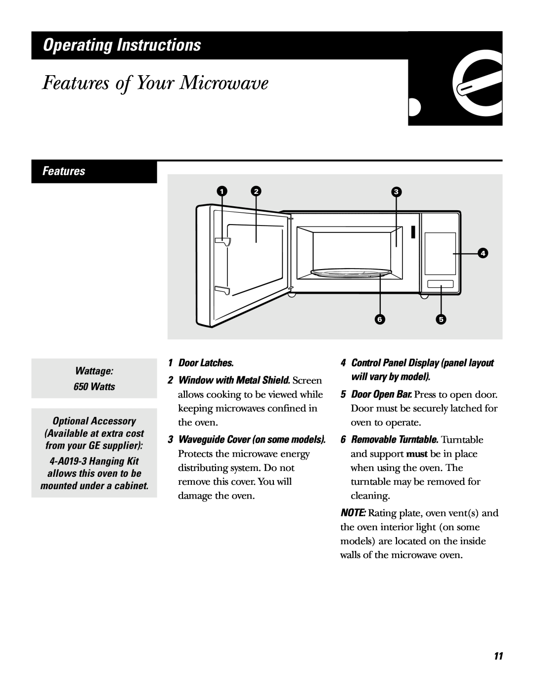GE JE620, JE610 operating instructions Features of Your Microwave, Operating Instructions 