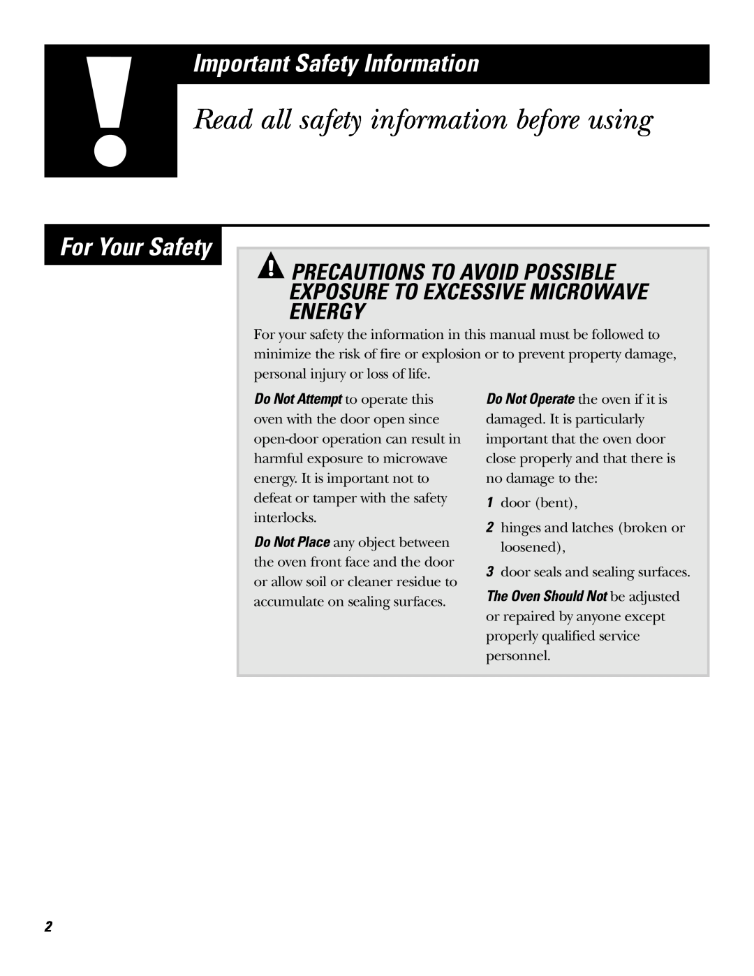 GE JE610, JE620 Read all safety information before using, Important Safety Information, For Your Safety 