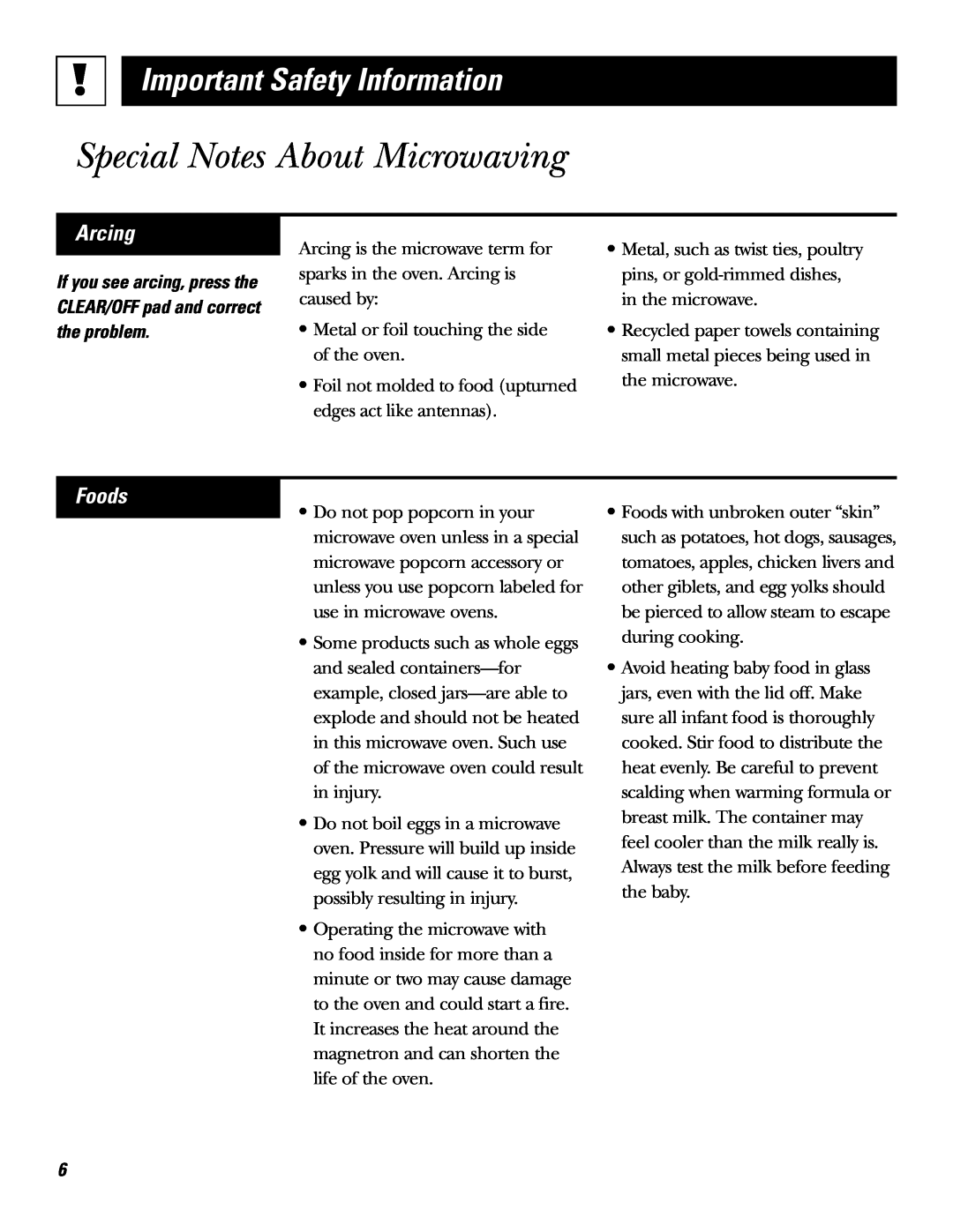 GE JE610, JE620 operating instructions Special Notes About Microwaving, Arcing, Foods, Important Safety Information 