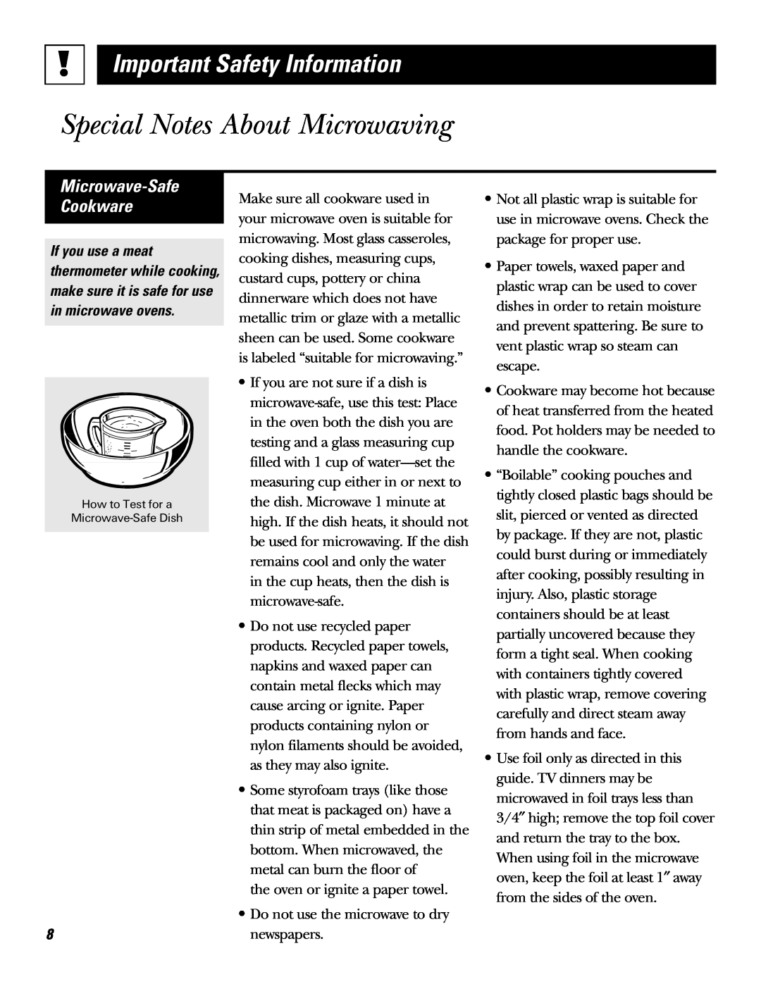 GE JE610, JE620 Microwave-Safe Cookware, Special Notes About Microwaving, Important Safety Information 