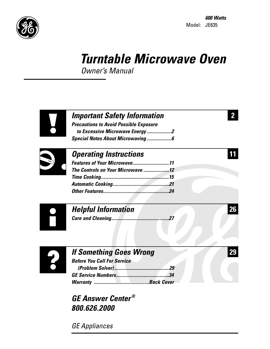 GE JE635 operating instructions Turntable Microwave Oven 