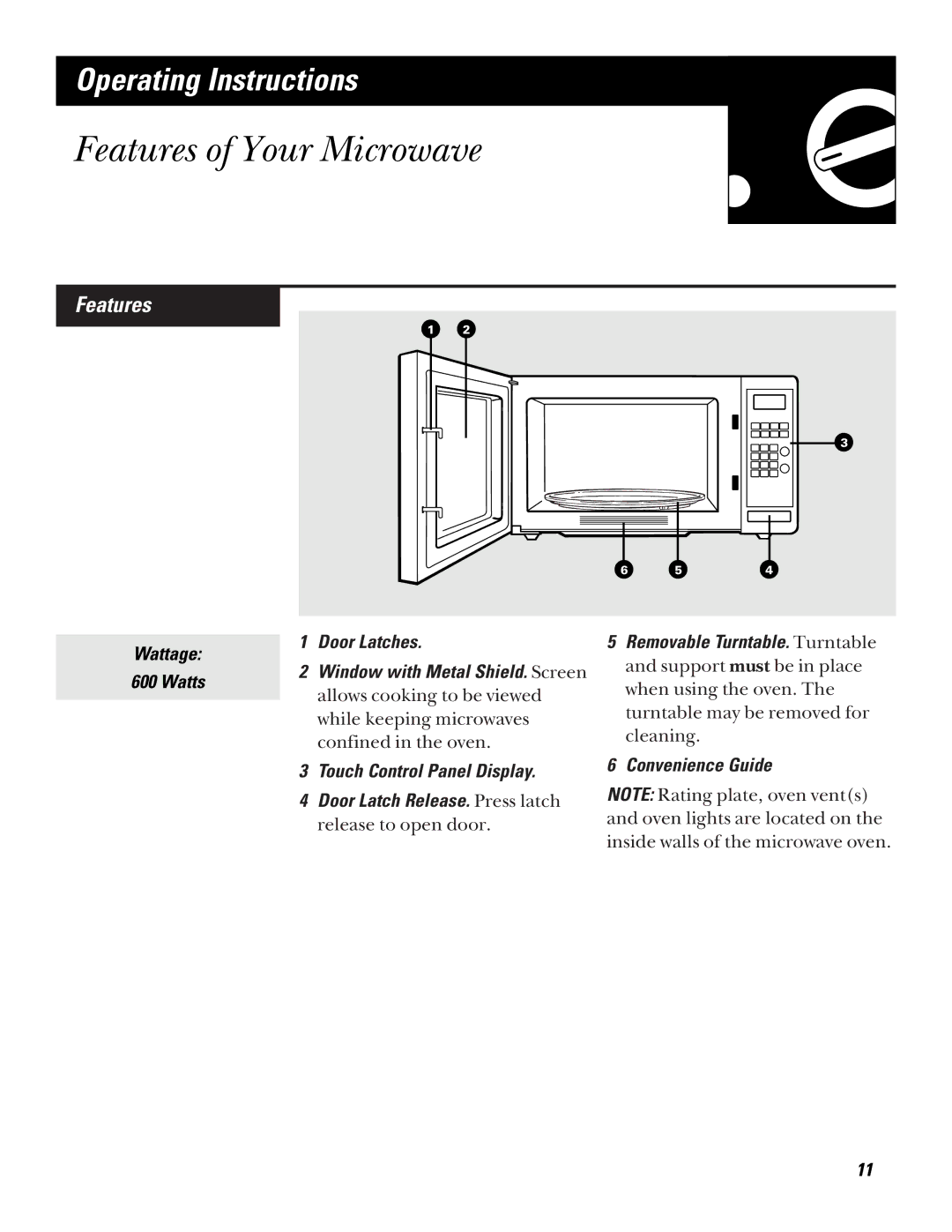 GE JE635 operating instructions Features of Your Microwave 