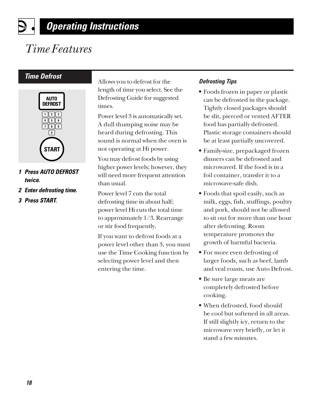 GE JE635 operating instructions Time Defrost, Press Auto Defrost twice Enter defrosting time Press Start 