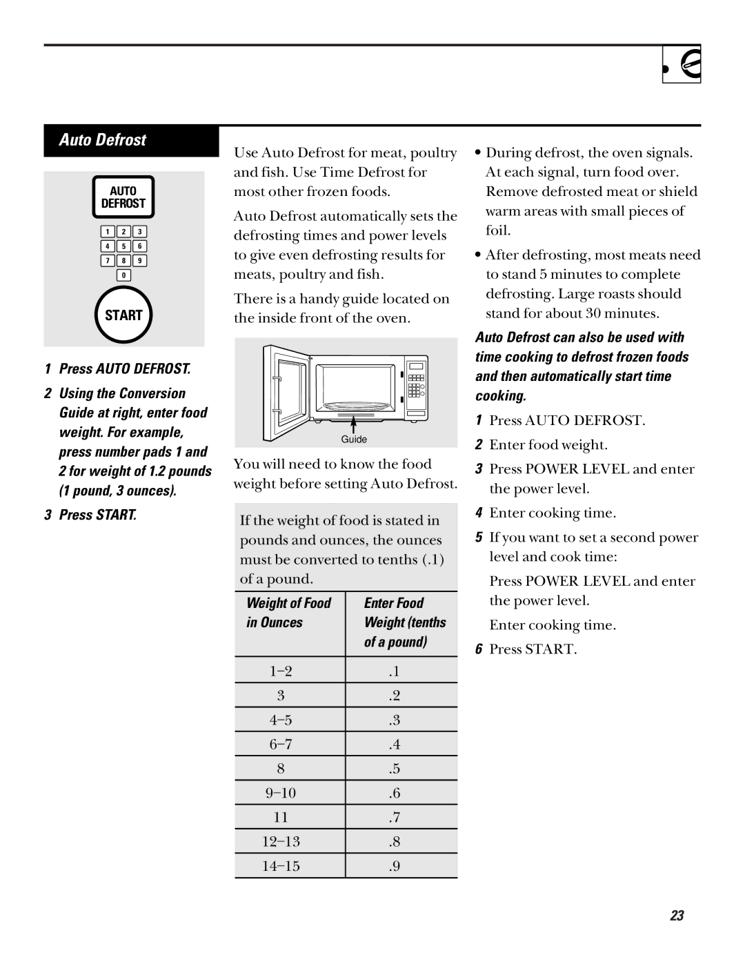 GE JE635 operating instructions Press Auto Defrost 