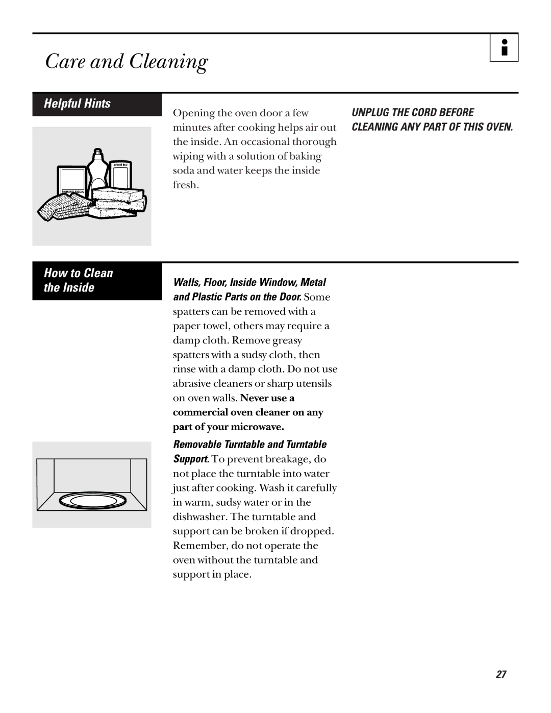 GE JE635 operating instructions Care and Cleaning, Helpful Hints, How to Clean the Inside 