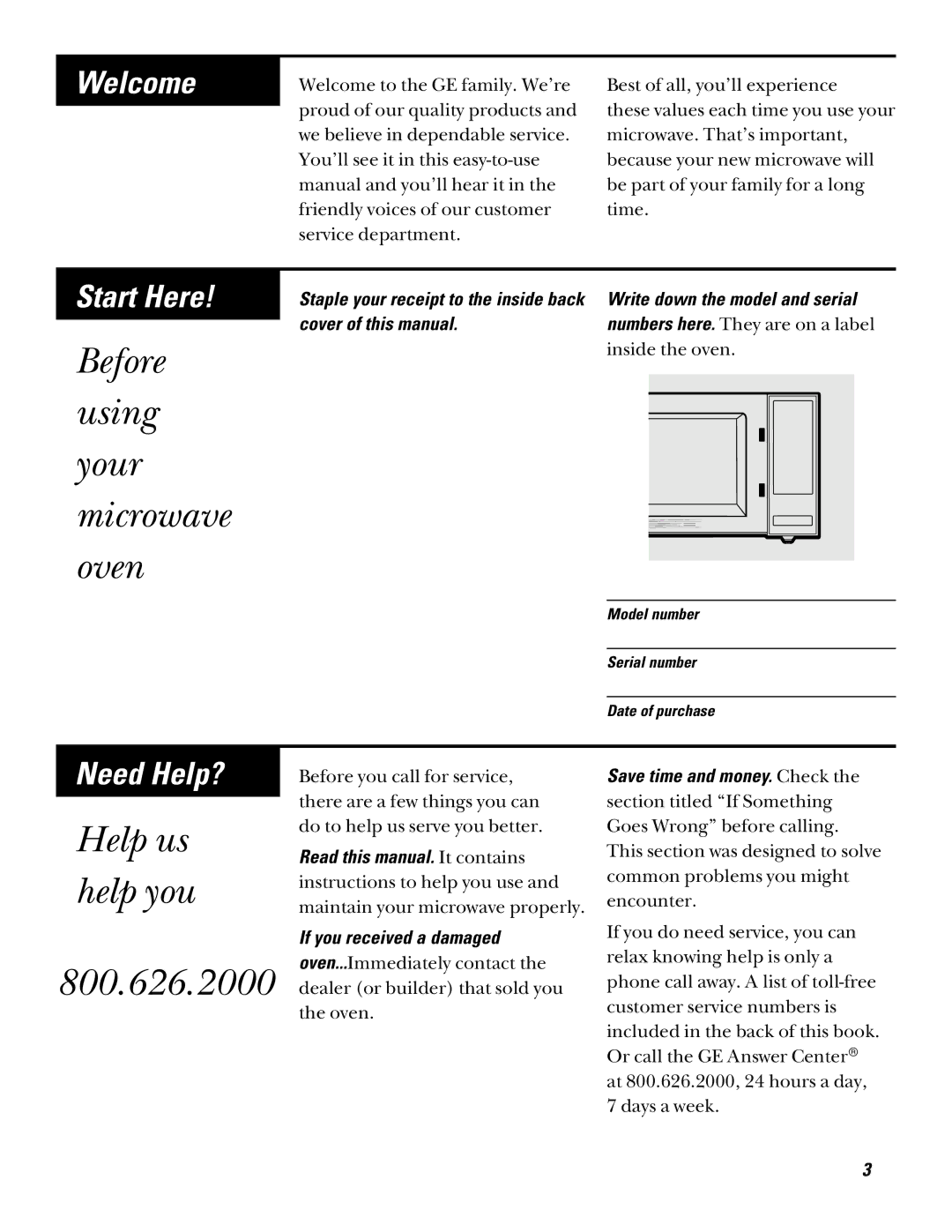 GE JE635 operating instructions Before using your microwave oven, 800.626.2000 