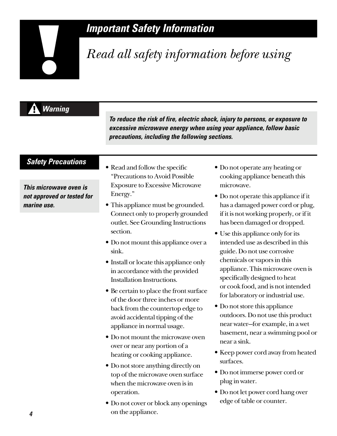 GE JE635 operating instructions Safety Precautions 