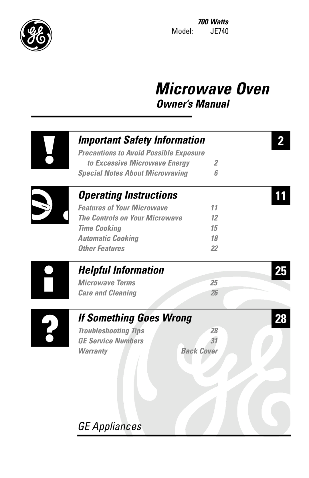 GE JE740 owner manual Microwave Oven 