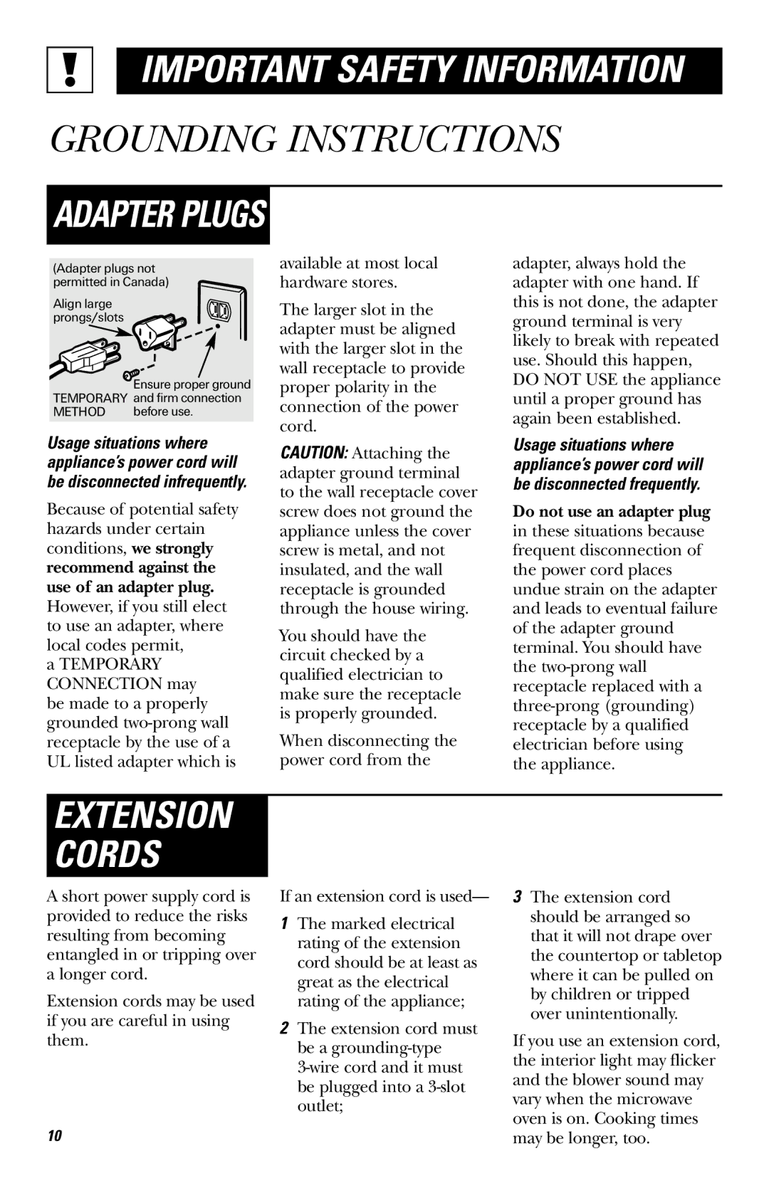 GE JE740 owner manual Extension Cords 