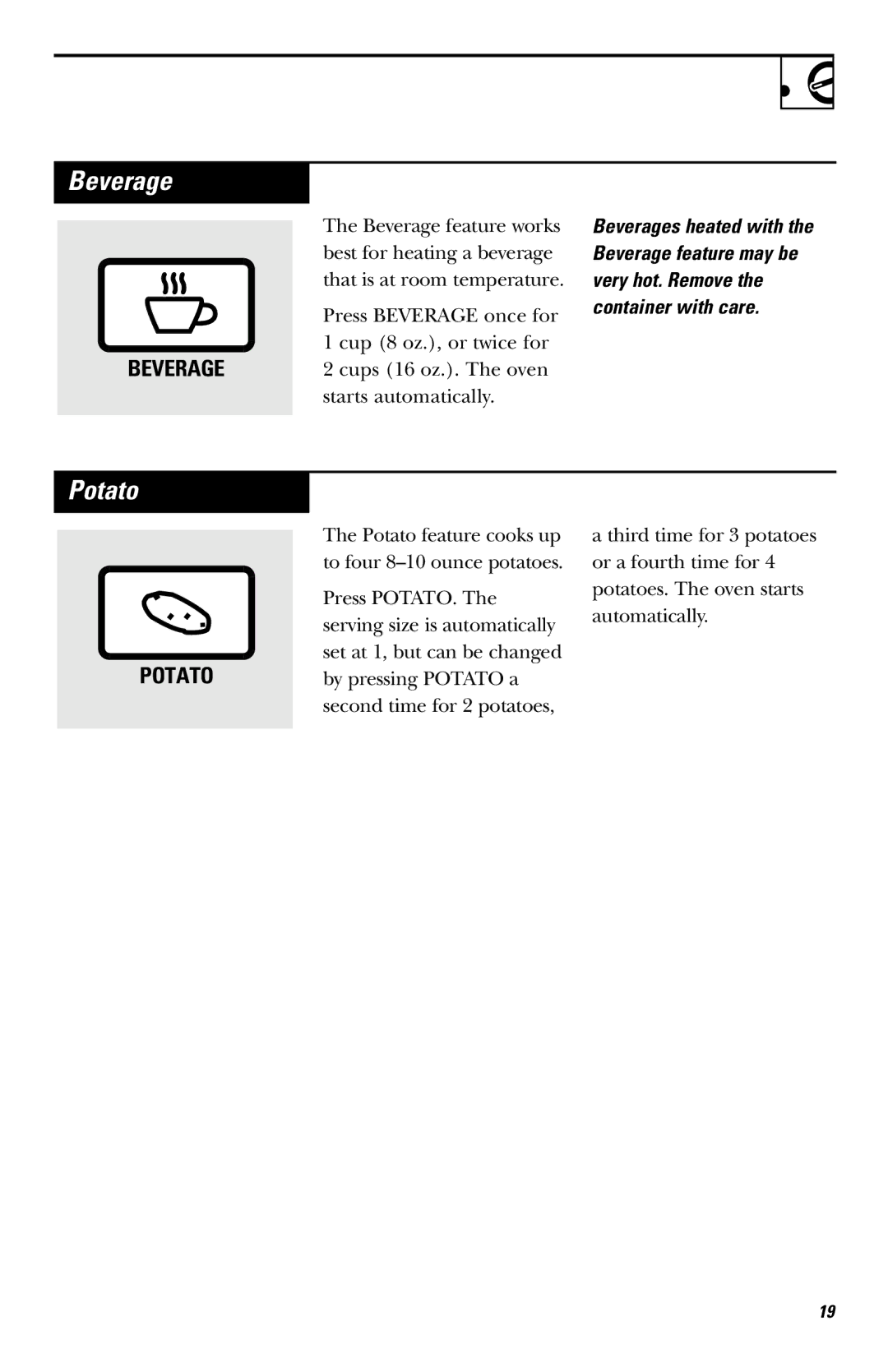 GE JE740 owner manual Beverage, Potato 