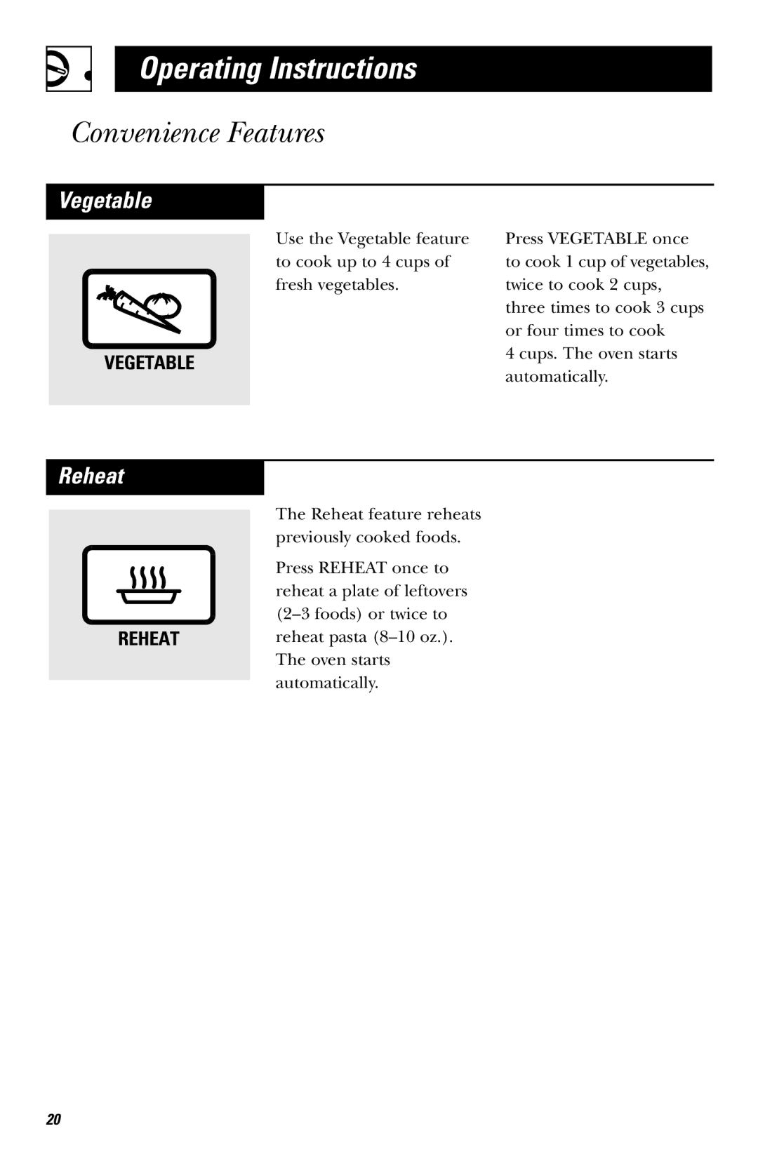 GE JE740 owner manual Vegetable, Reheat 