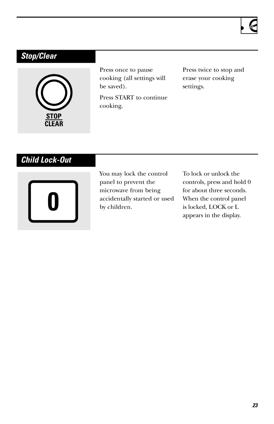 GE JE740 owner manual Stop/Clear, Child Lock-Out 