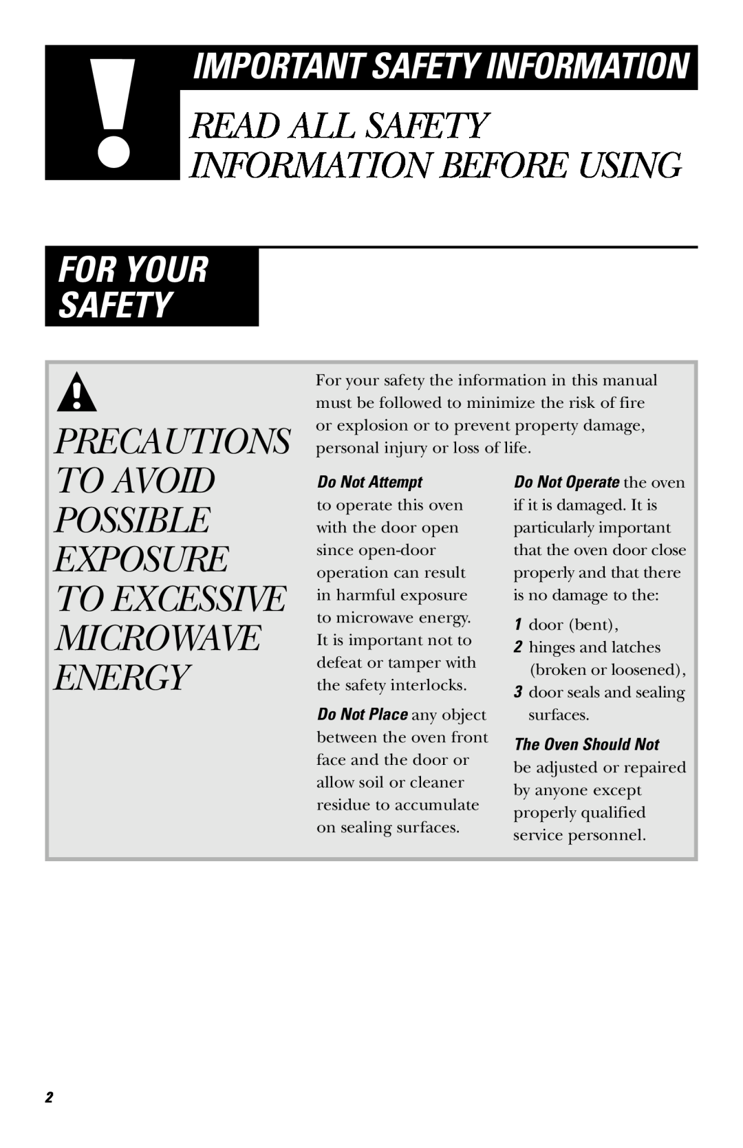 GE JE740 Precautions, To Avoid Possible, Important Safety Information, Read All Safety Information Before Using 