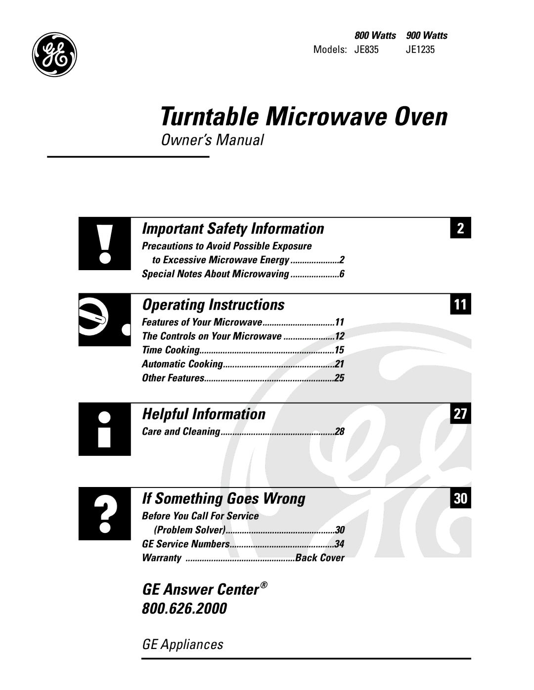 GE JE1235, JE835 operating instructions Turntable Microwave Oven 