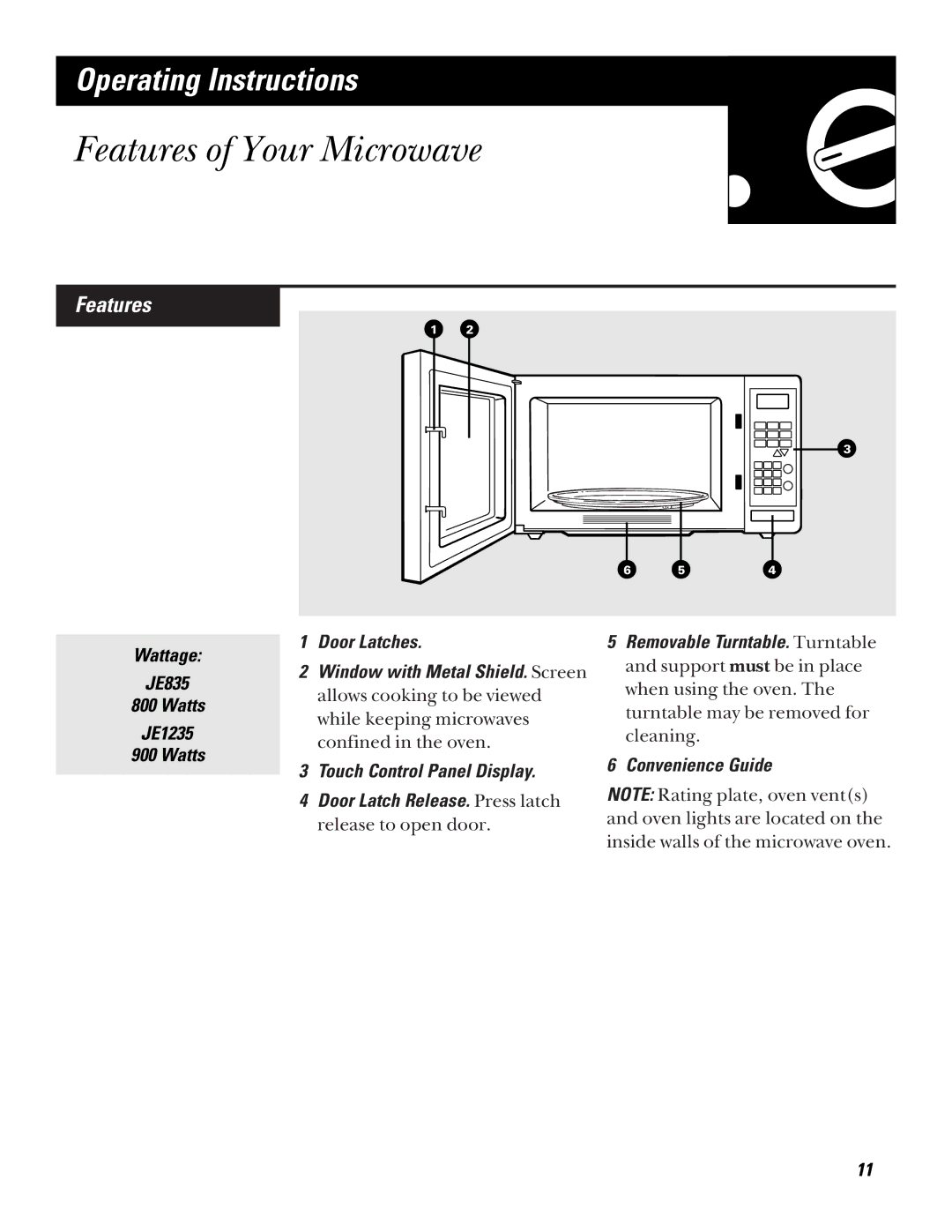 GE JE1235, JE835 operating instructions Features of Your Microwave 