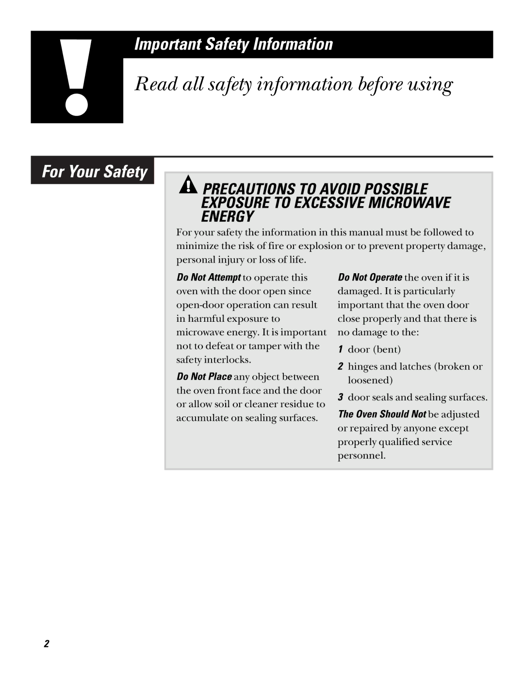 GE JE835, JE1235 operating instructions Read all safety information before using, For Your Safety 