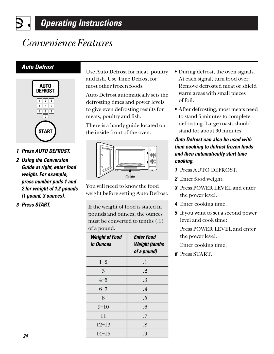 GE JE835, JE1235 operating instructions Press Auto Defrost 