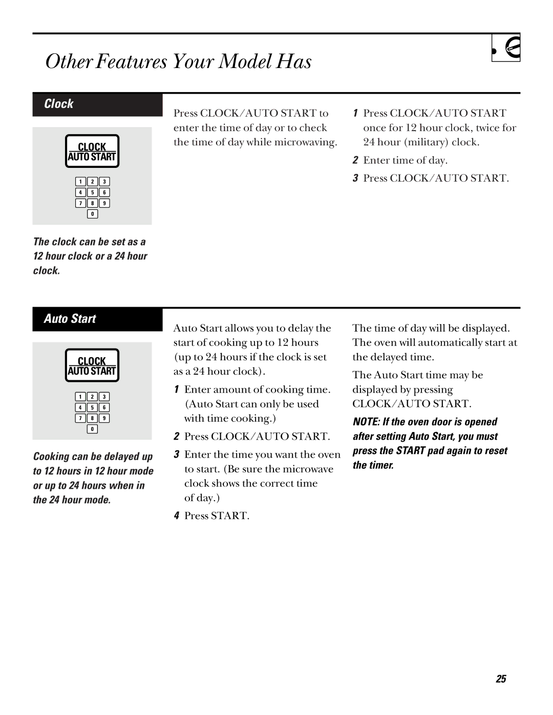 GE JE1235, JE835 operating instructions Other Features Your Model Has, Clock, Auto Start 