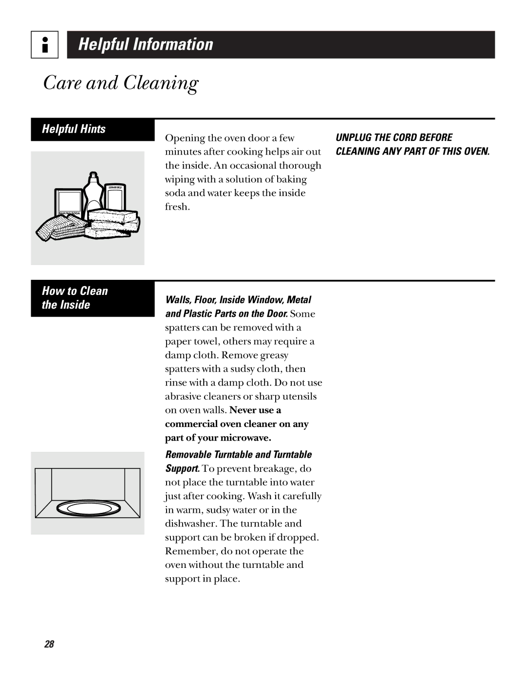 GE JE835, JE1235 operating instructions Care and Cleaning, Helpful Hints, How to Clean the Inside 