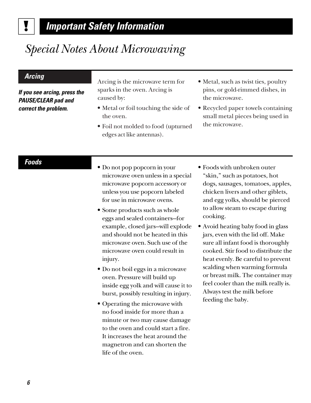 GE JE835, JE1235 operating instructions Special Notes About Microwaving, Arcing, Foods 