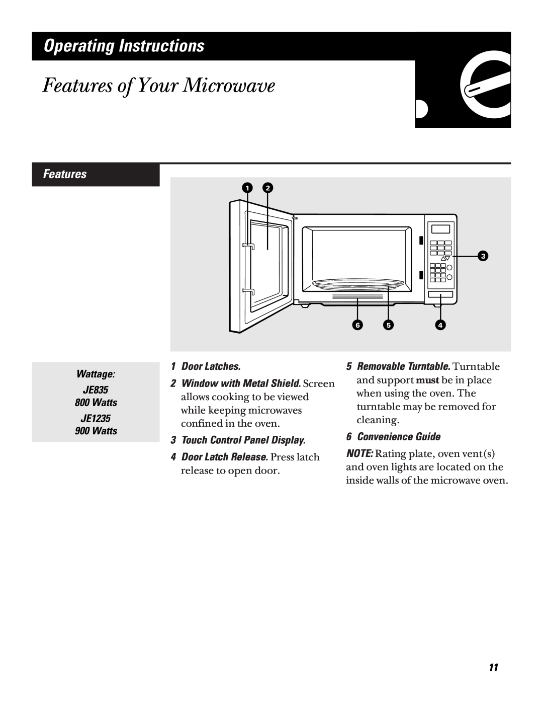 GE JE1235, JE835 operating instructions Features of Your Microwave, Operating Instructions 