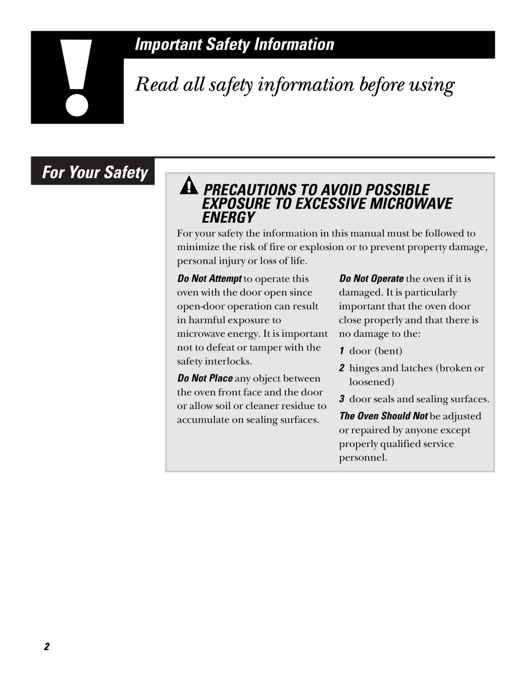 GE JE835, JE1235 Read all safety information before using, Important Safety Information, For Your Safety 