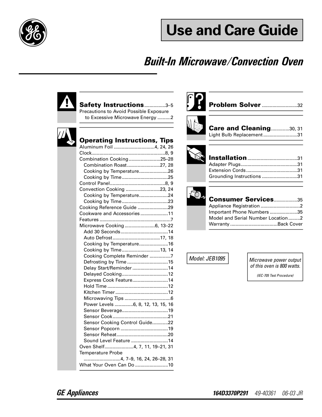 GE JEB1095 warranty Use and Care Guide 