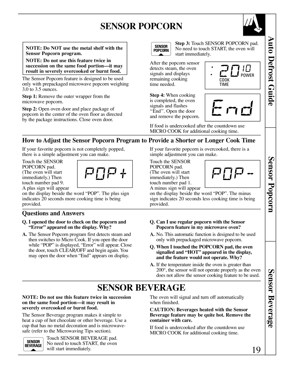 GE JEB1095 warranty Sensor Popcorn, Sensor Beverage, Defrost Guide 