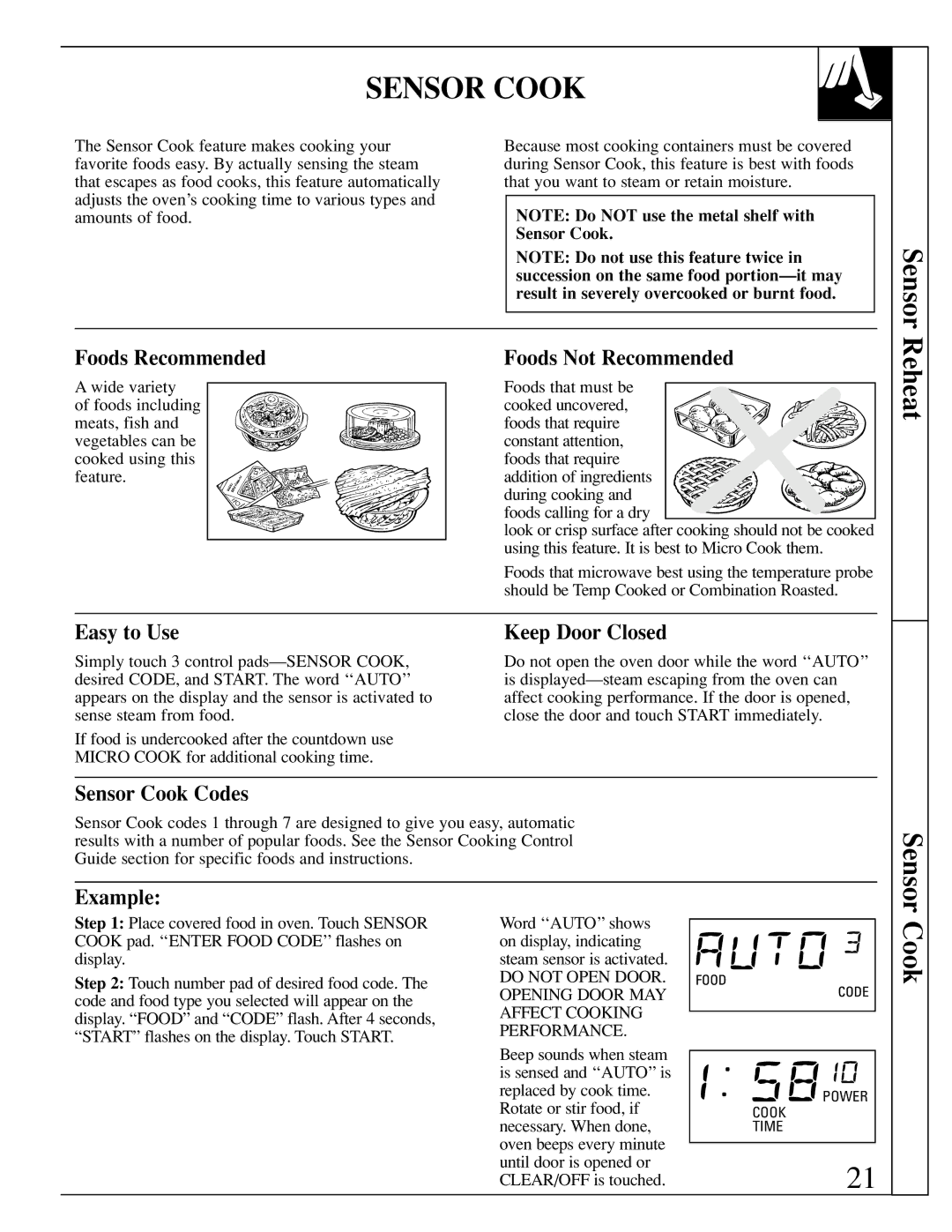 GE JEB1095 warranty Reheat, Sensor Cook Codes 