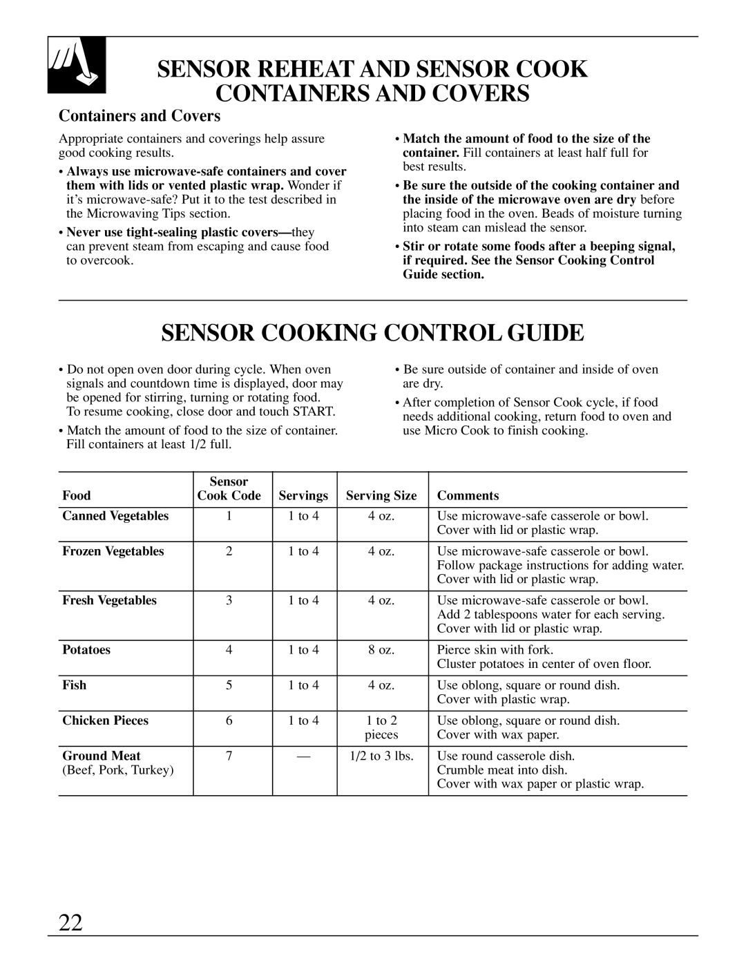 GE JEB1095 warranty Sensor Reheat and Sensor Cook Containers and Covers, Sensor Cooking Control Guide 