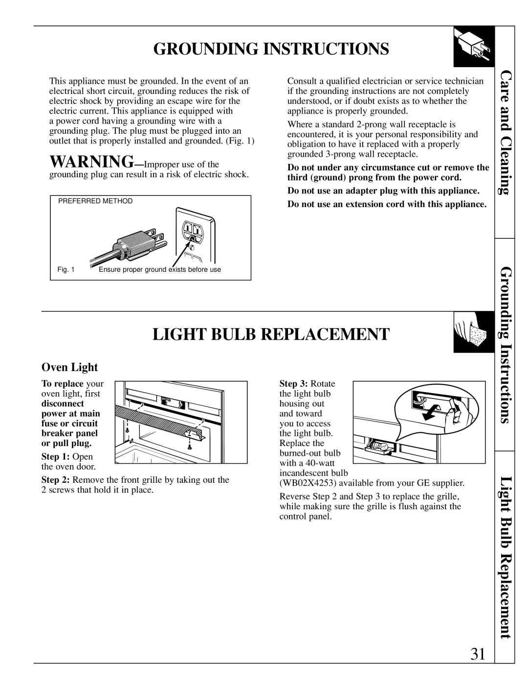 GE JEB1095 warranty Grounding Instructions, Care and Cleaning, Instructions Light Bulb Replacement 